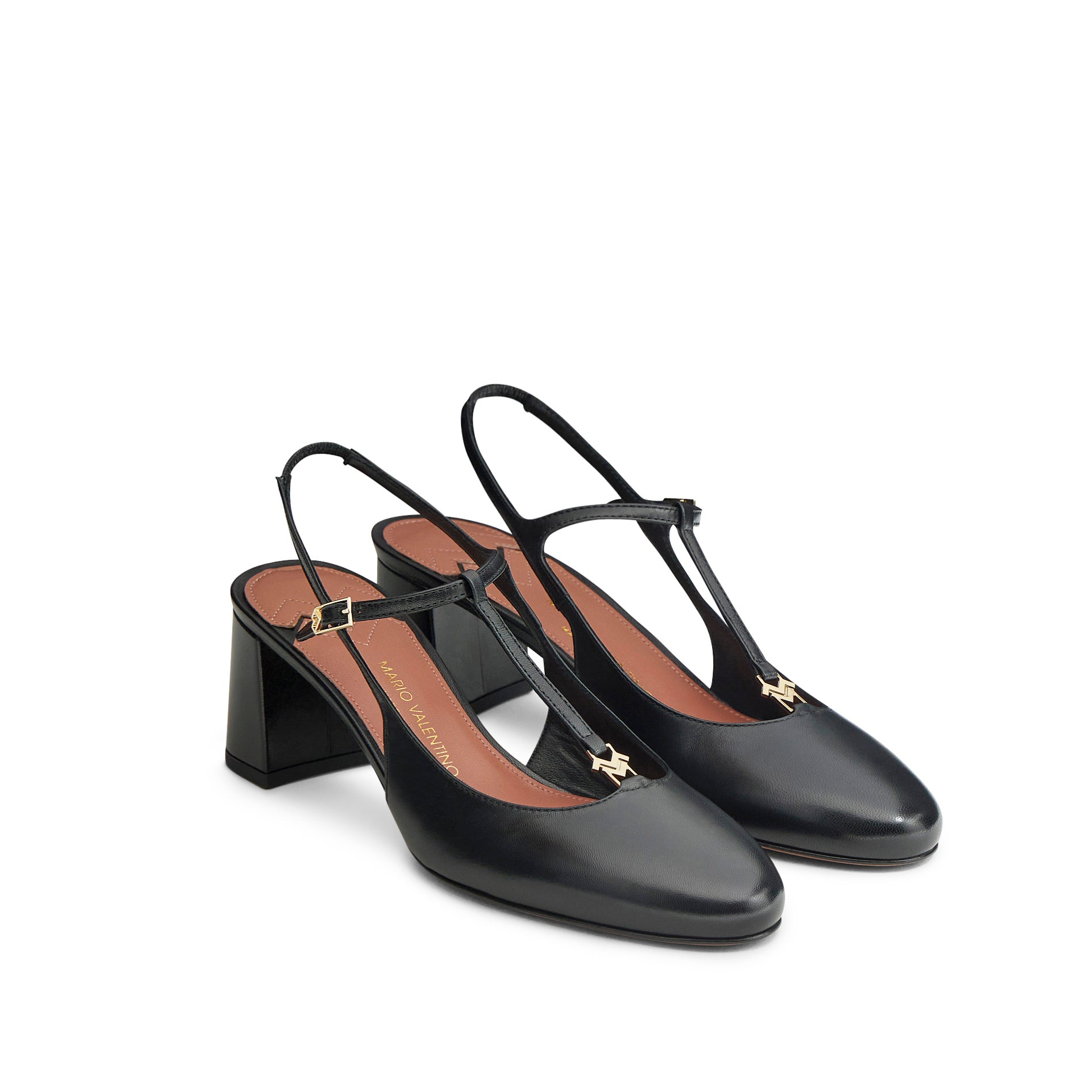 Mario Valentino black leather T-bar slingback pump with block heel, ankle strap and gold logo, three-quarter view