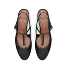 Mario Valentino black leather T-bar slingback with gold logo hardware, top view