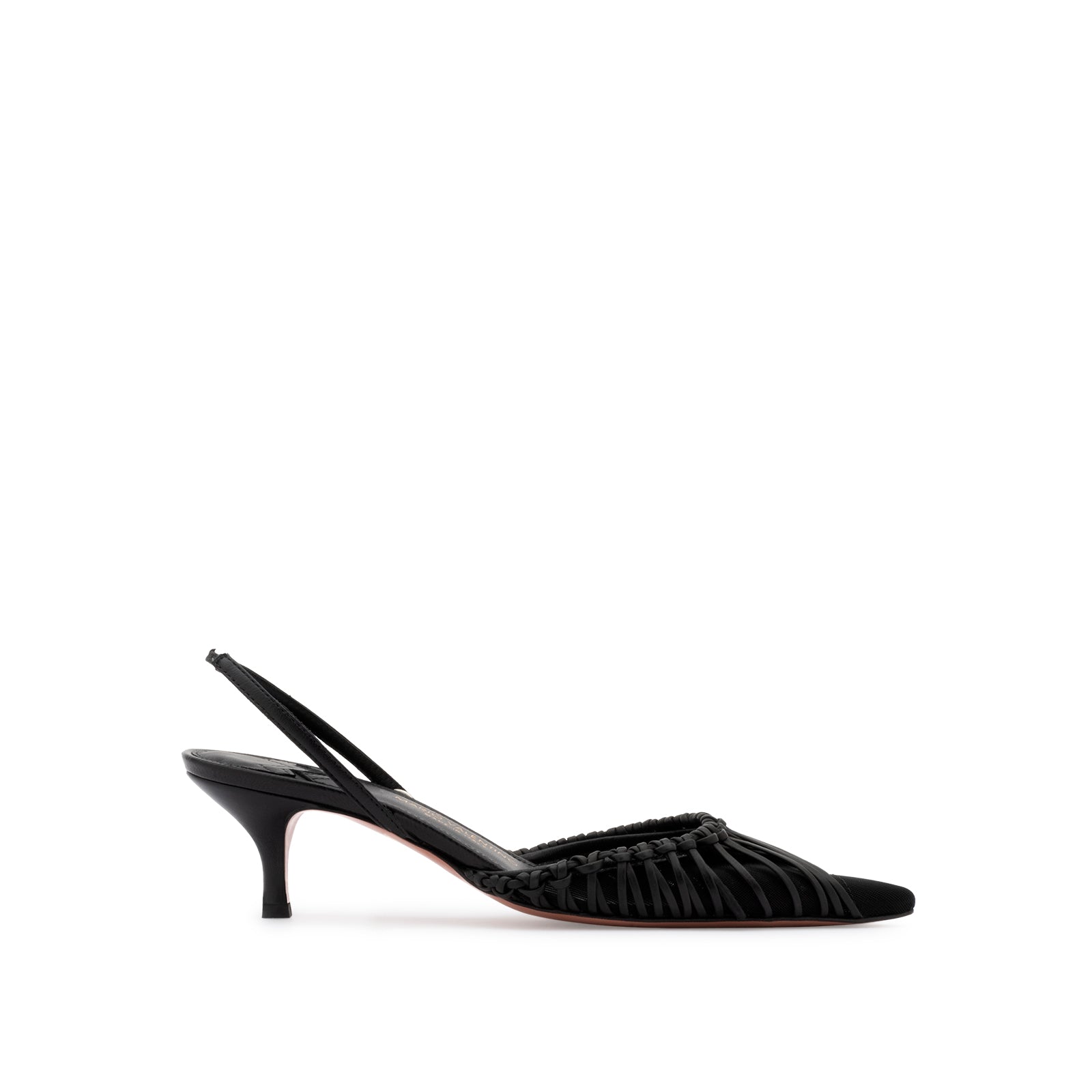 Mario Valentino black kidskin leather and mesh slingback pumps with a 33mm kitten heel and pointed toe, Made in Italy