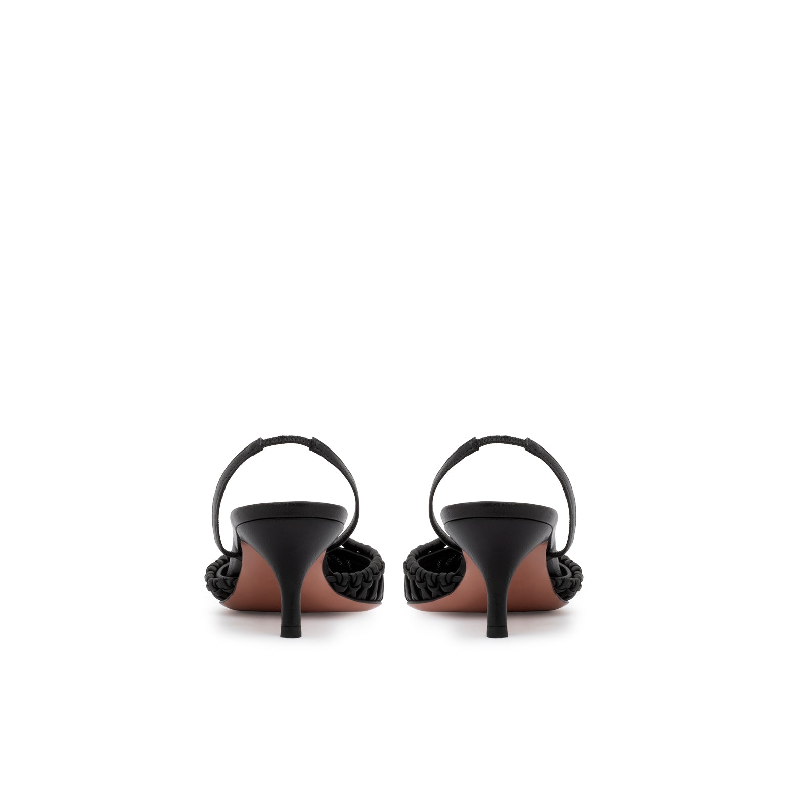 33mm kitten heel and elasticated heel strap.