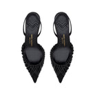 Black kidskin leather and mesh slingback pumps, 33mm kitten heel, elasticated heel strap, pointed toe, Made in Italy