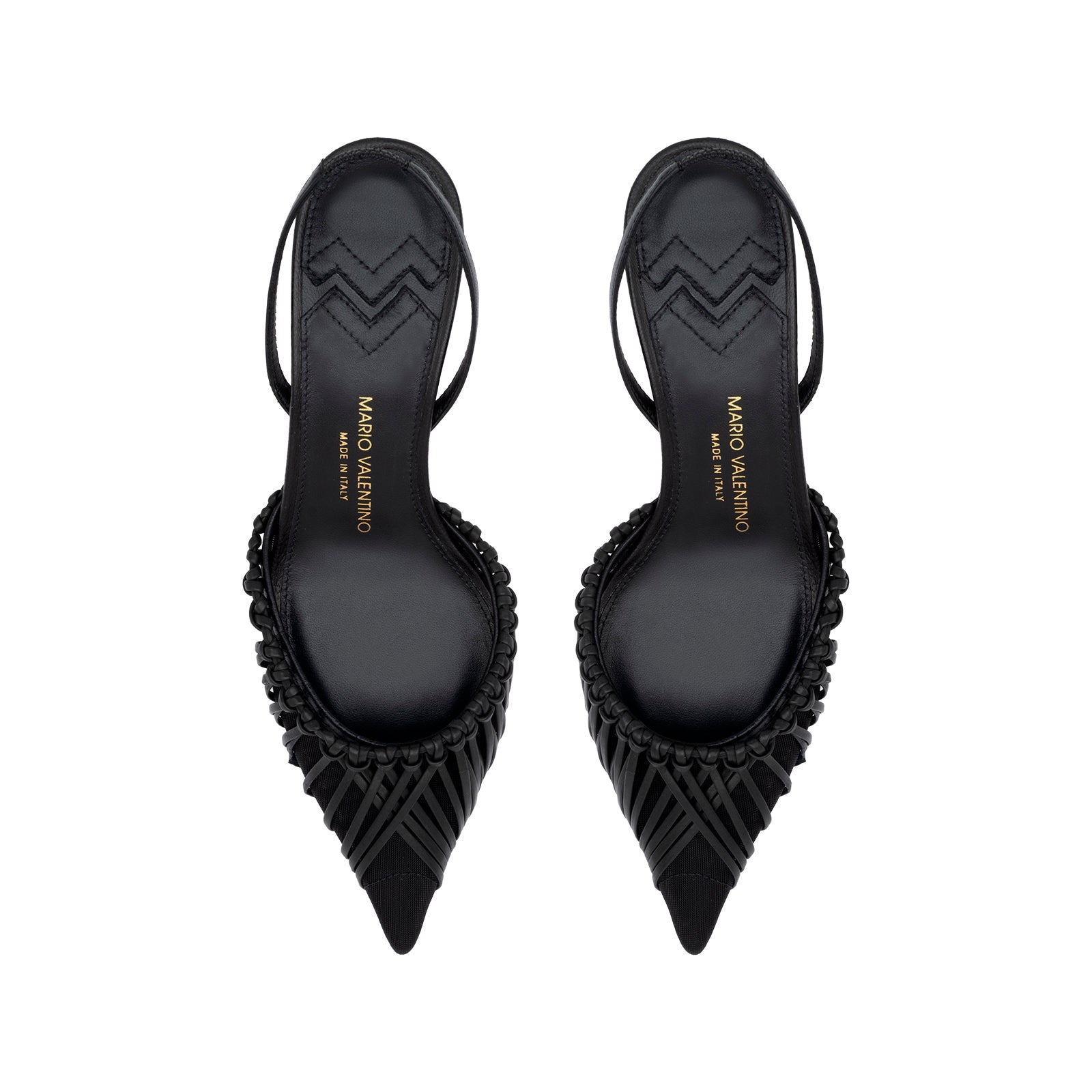 Black kidskin leather and mesh slingback pumps, 33mm kitten heel, elasticated heel strap, pointed toe, Made in Italy