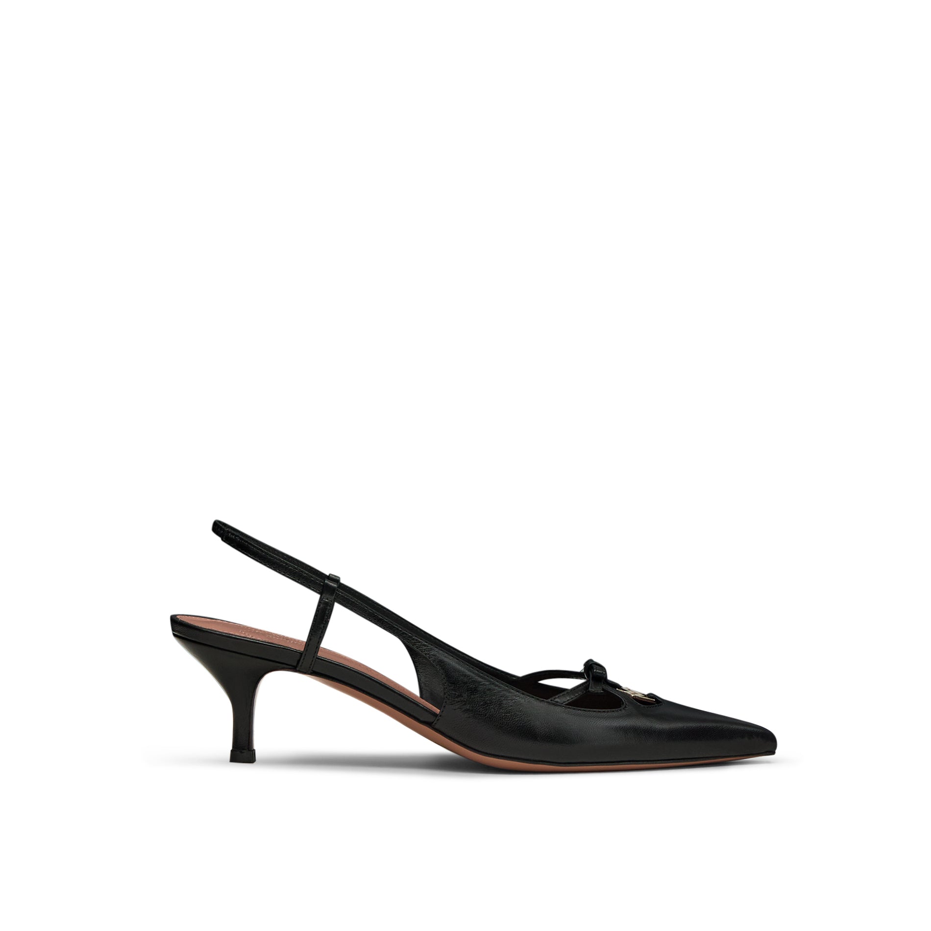 Mario Valentino Cindy black leather slingback with kitten heel and bow detail, side view