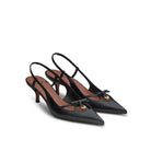 Mario Valentino Cindy black leather slingback with kitten heel, pointed toe, bow detail and gold MV logo, three-quarter view