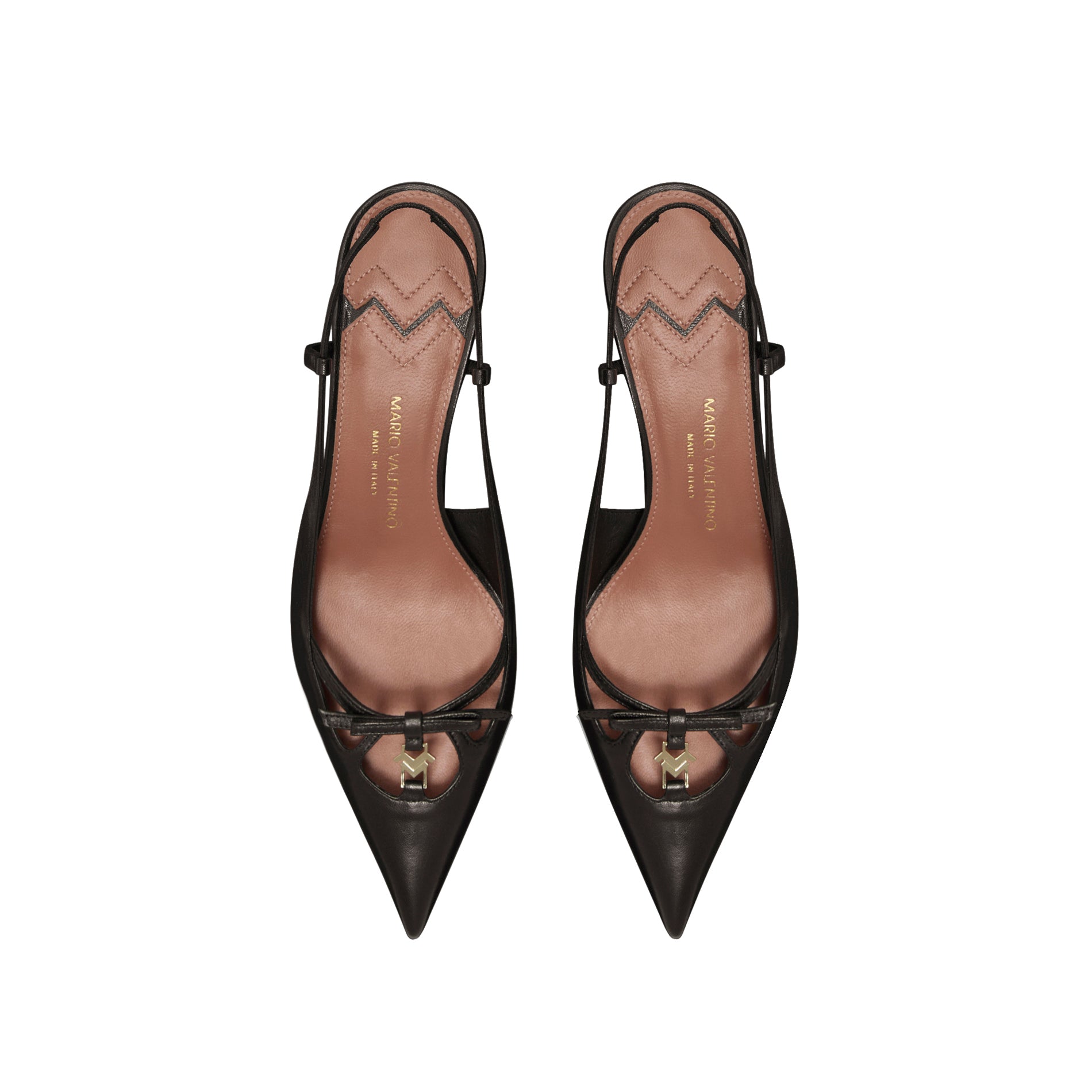 Mario Valentino Cindy black leather slingback with pointed toe and bow detail, top view