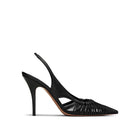 Mario Valentino black leather slingback pumps with pointed toe, woven strap detail and stiletto heel, side view.
