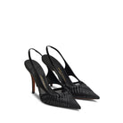 Mario Valentino black leather slingback pumps with pointed toe, woven detailing and elegant stiletto heel.