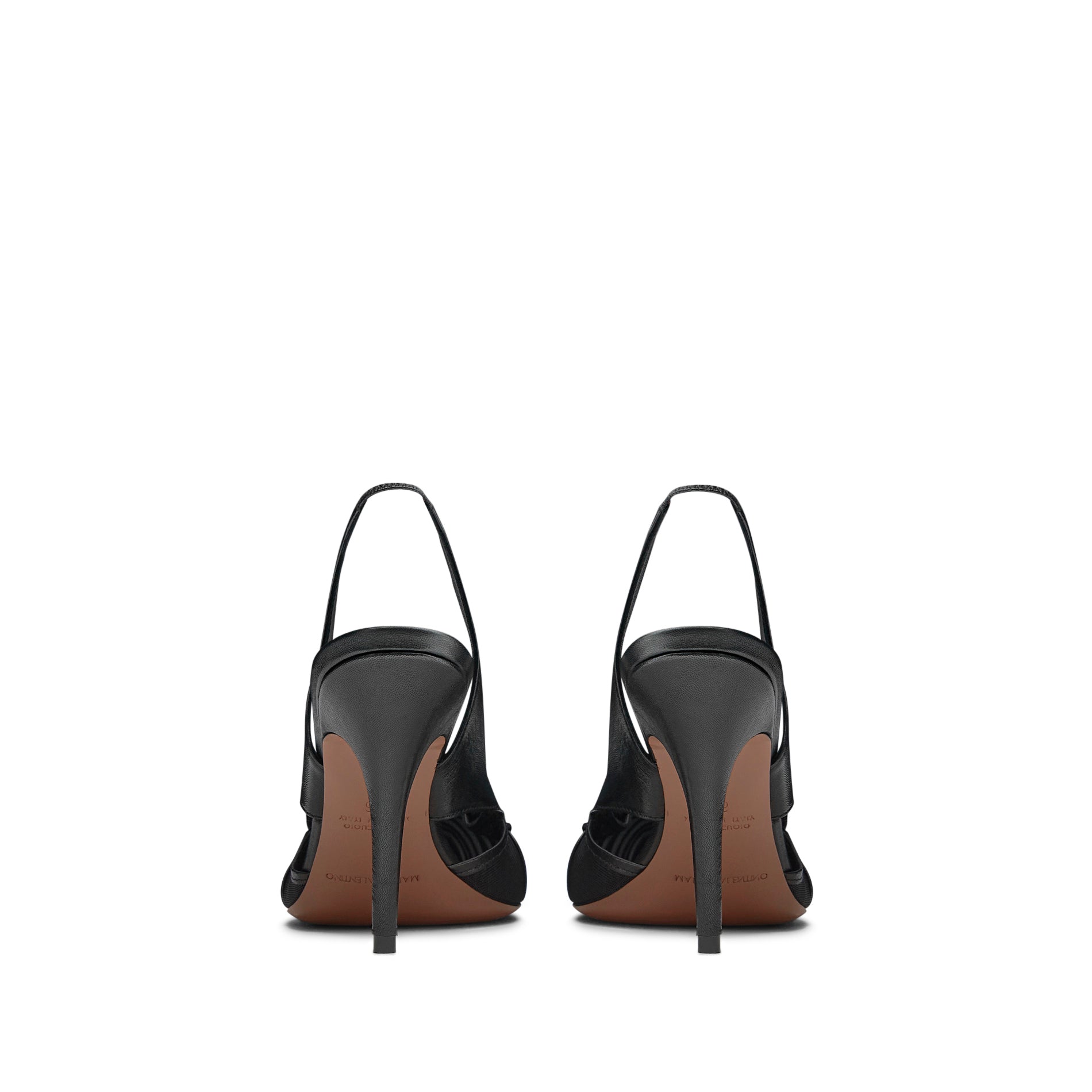 Mario Valentino black leather slingback pumps with slim stiletto heel and elastic slingback strap, back view.