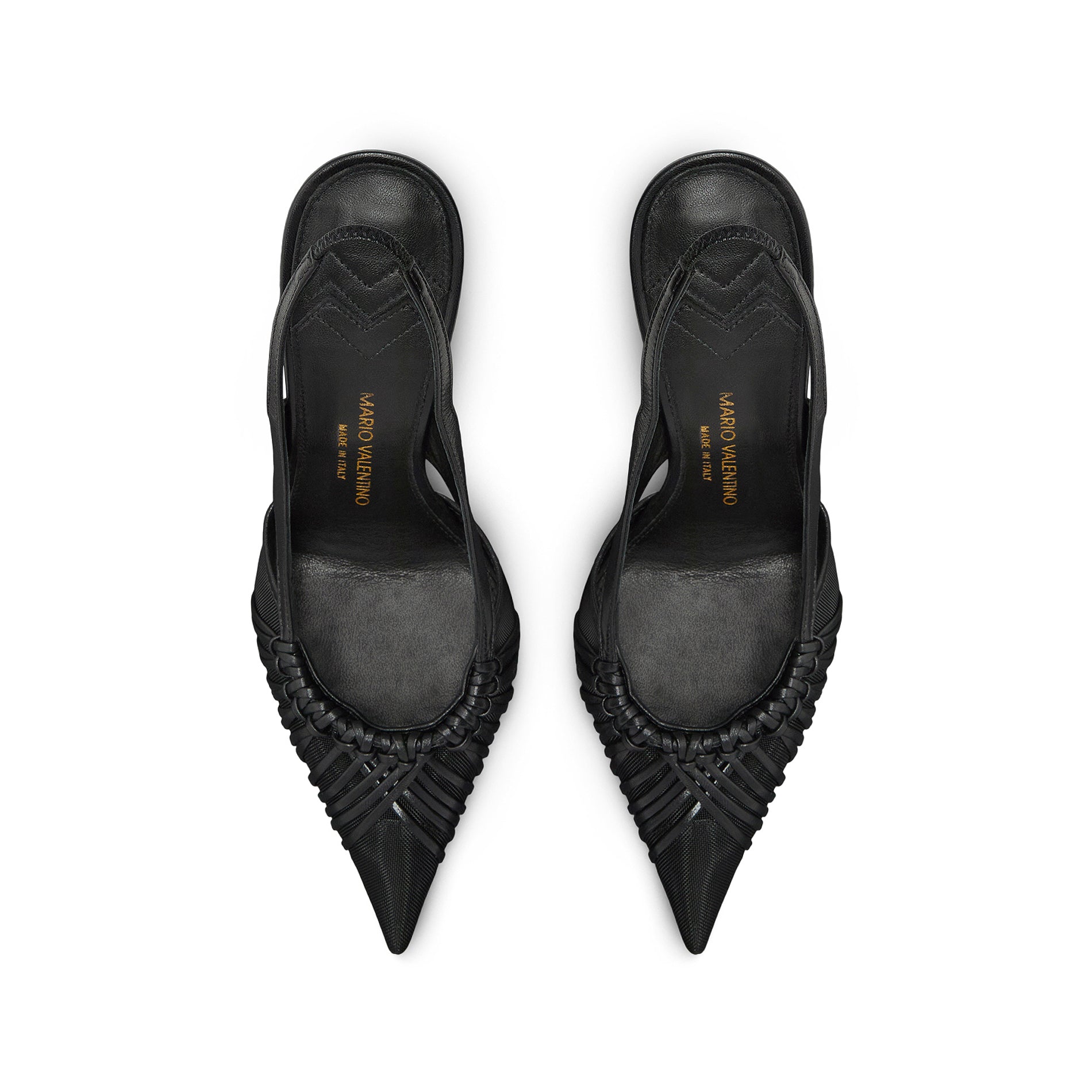 Mario Valentino black leather slingback pumps with pointed toe and intricate woven leather upper, top view.