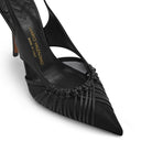 Close-up of woven leather detail and pointed toe on Mario Valentino black leather slingback pumps.