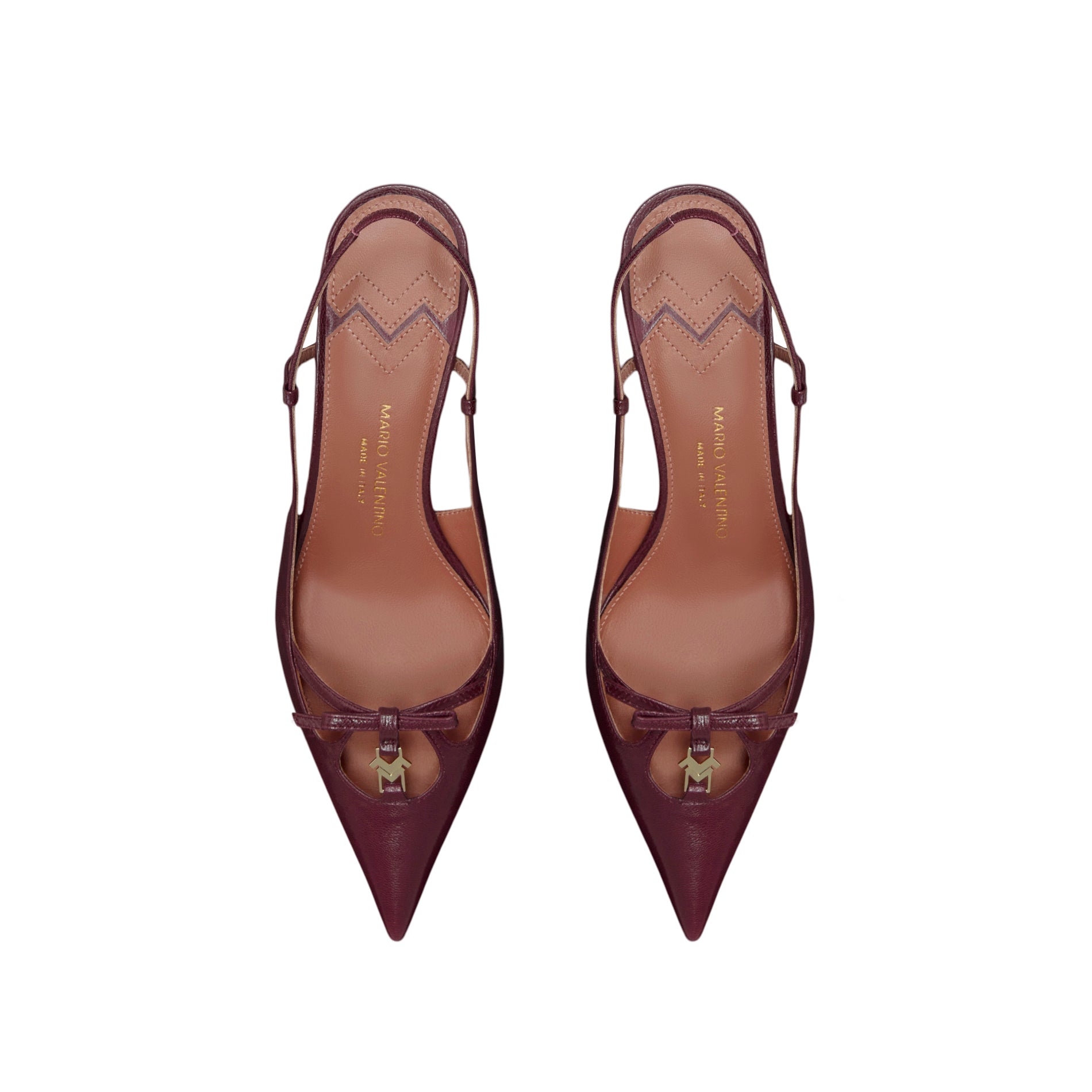 Mario Valentino Cindy Burgundy Leather Slingbacks with Pointed Toe and Bow Detail, Top View