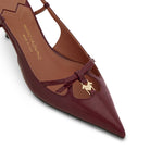 Mario Valentino Cindy Burgundy Pointed-Toe Slingback with Leather Bow Detail and Gold MV Logo, Close-Up