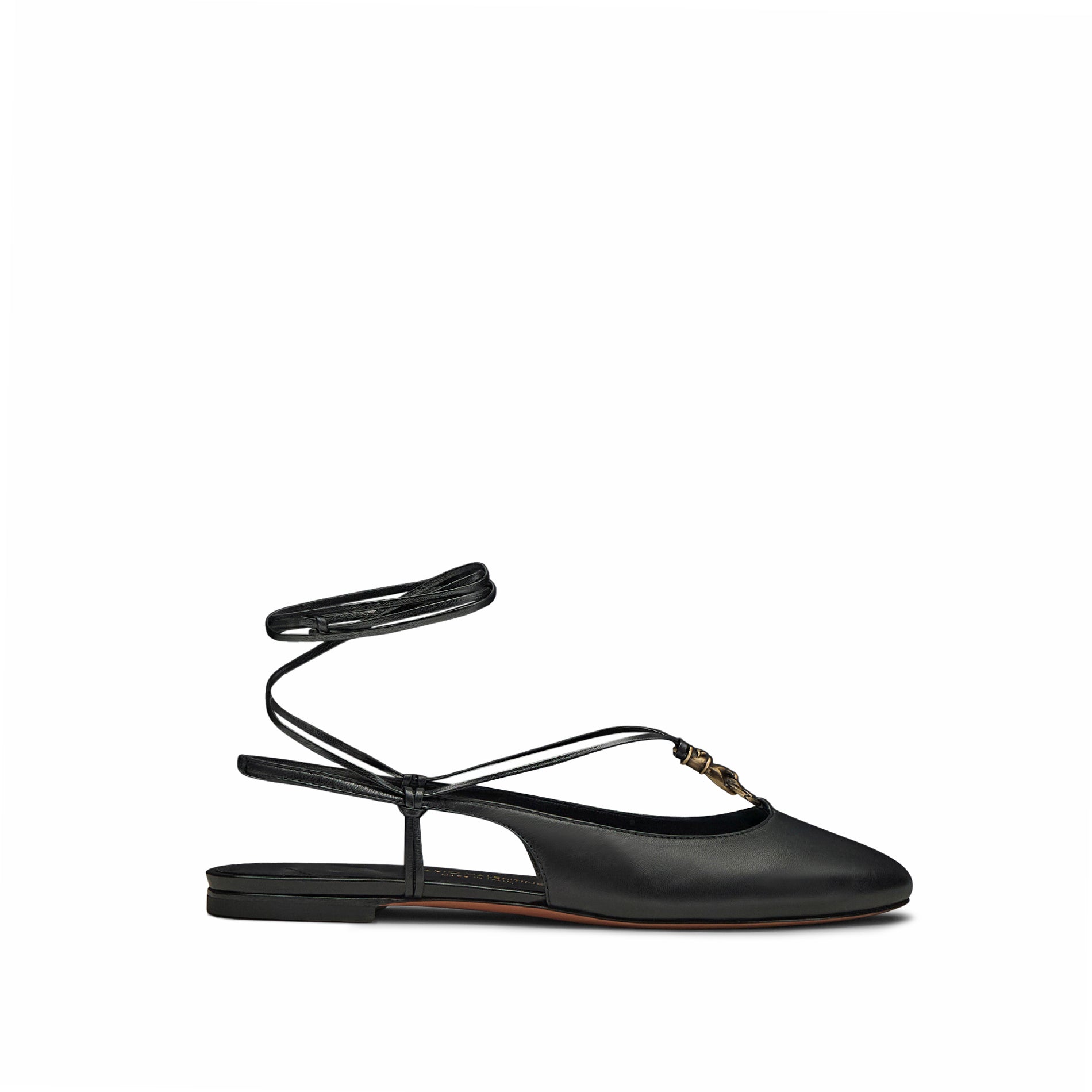Mario Valentino black kidskin leather slingback ballet flats, featuring lace-up ankle tie and signature ethnic-inspired gold embellishment