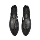 Mario Valentino black soft kidskin leather slingback ballet flats, 15mm heel, leather sole, featuring lace-up ankle tie and signature ethnic-inspired gold embellishment. Made in Italy