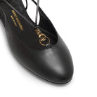 Mario Valentino black round-toe kidskin leather slingback with 15mm heel, leather sole, ethnic-inspired gold embellishment, and signature embossed logo on the sole. Made in Italy