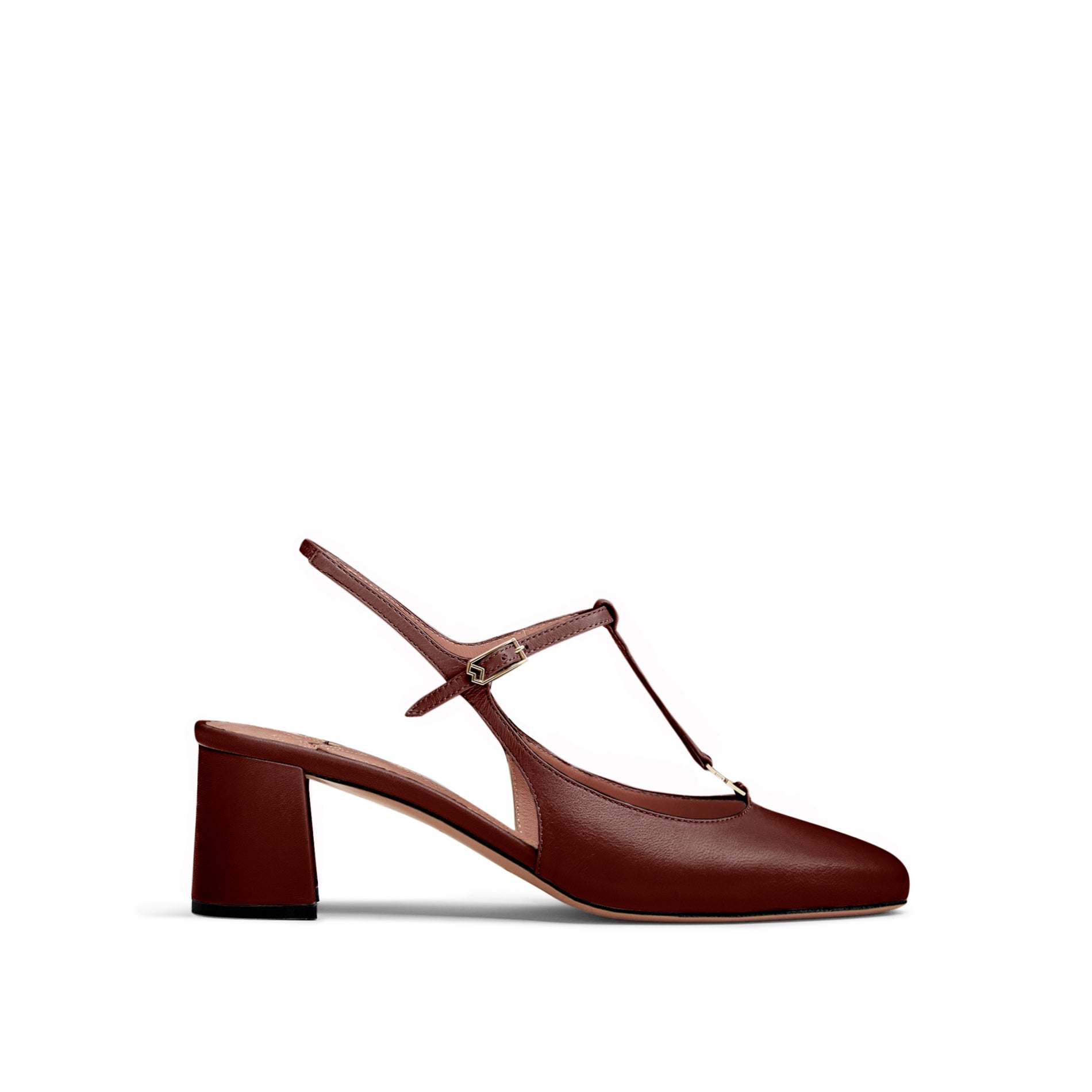 Mario Valentino deep brown leather slingback with block heel, side view