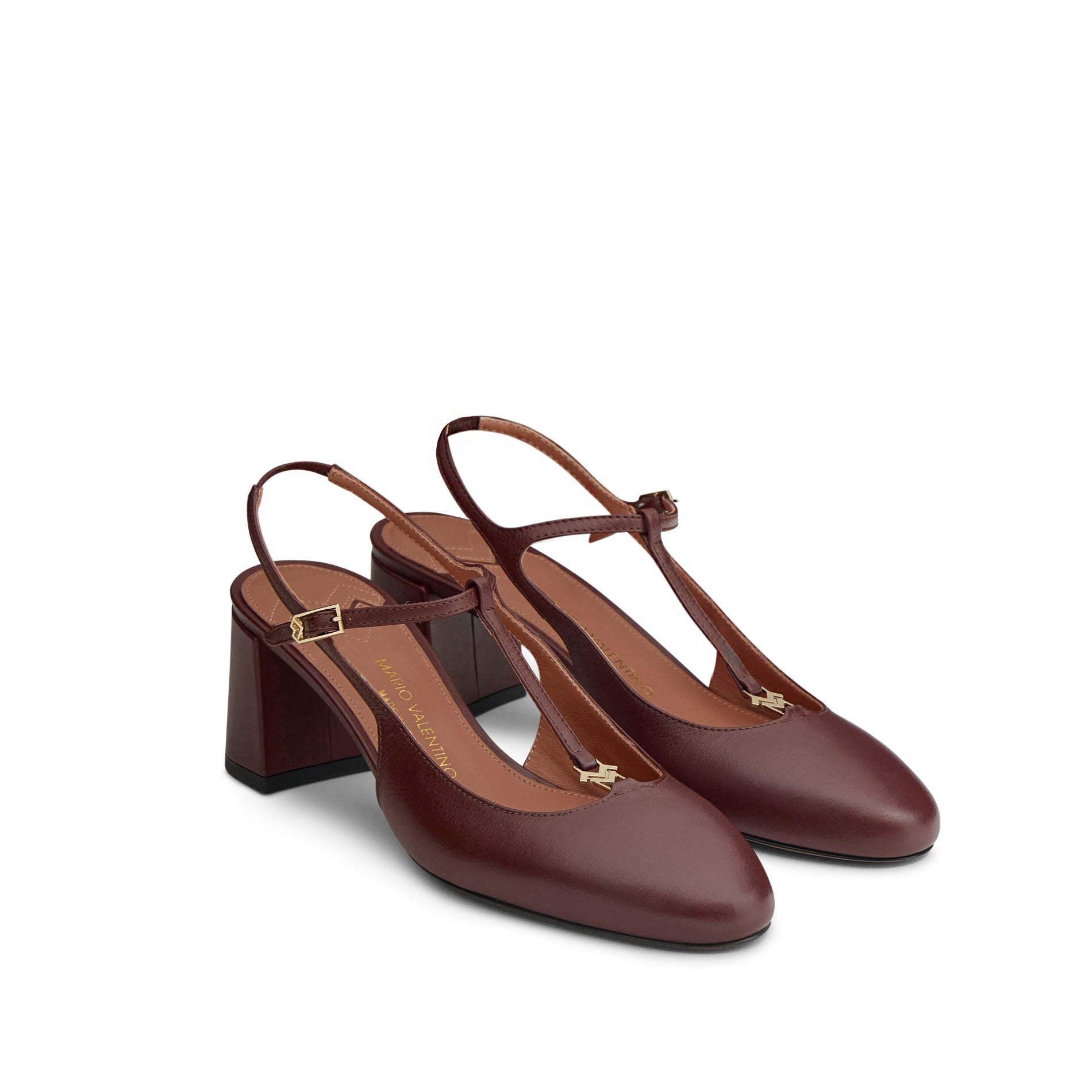 Mario Valentino deep brown leather T-bar slingback pump with block heel, ankle strap and gold logo, three-quarter view