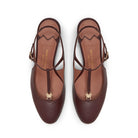 Mario Valentino deep brown leather T-bar slingback with gold logo hardware, top view