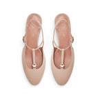 Mario Valentino nude leather T-bar slingback with gold logo hardware, top view