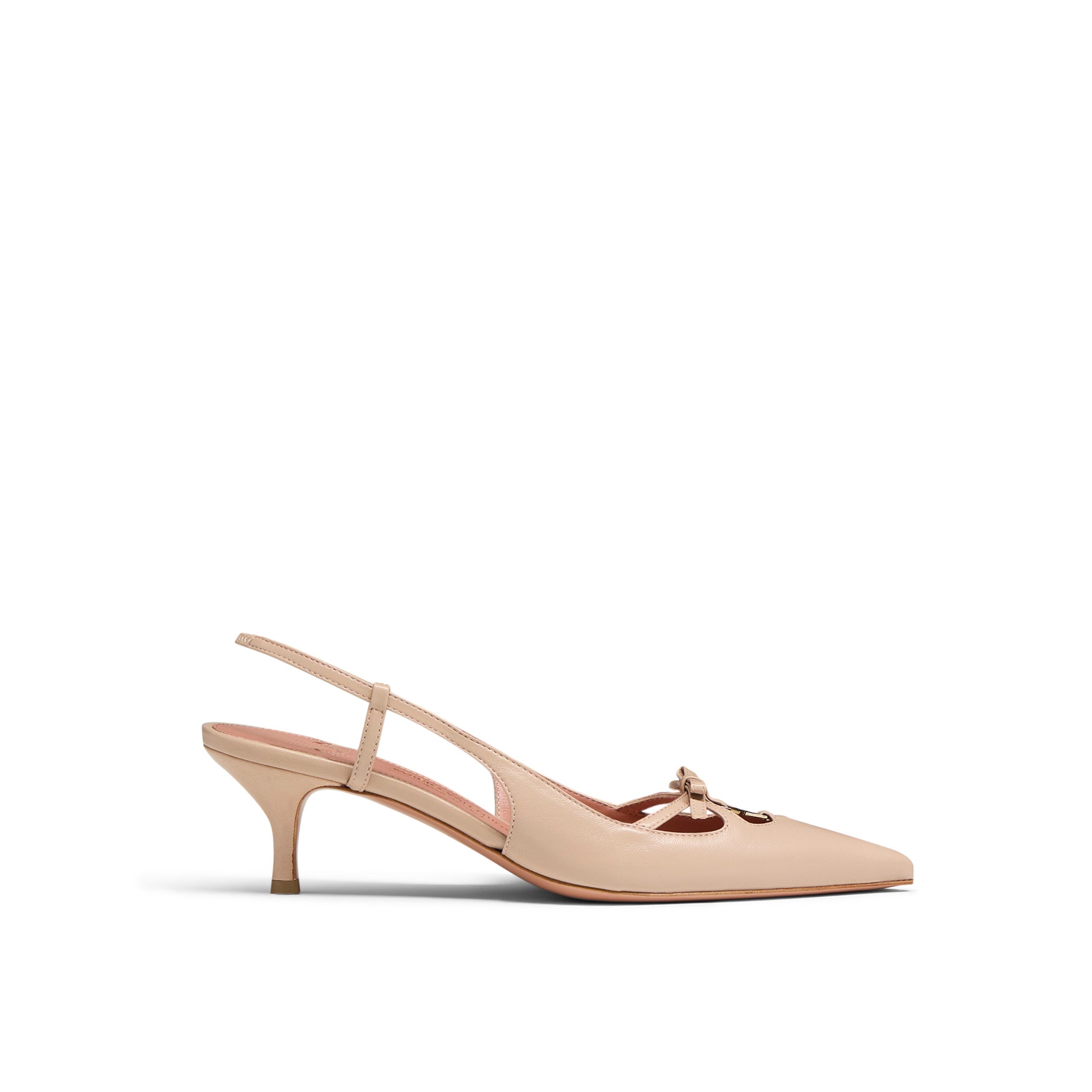 Mario Valentino Cindy nude leather slingback with kitten heel and bow detail, side view