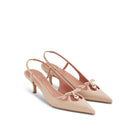 Mario Valentino Cindy nude leather slingback with kitten heel, pointed toe, bow detail and gold MV logo, three-quarter view