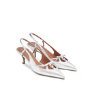 Mario Valentino Cindy silver leather slingback with kitten heel, pointed toe, bow detail and silver MV logo, three-quarter view