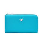 Mario Valentino Turquoise calfskin zip-around wallet featuring a refined leather silhouette, metal MV logo hardware and elegant minimalist design. Made in Italy.