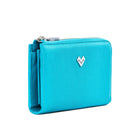 Side view of Mario Valentino Turquoise calfskin leather wallet with zip closure, sleek profile and signature metal MV logo hardware. Made in Italy.