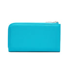 Back of Mario Valentino Turquoise calfskin leather wallet with logoed zip coin pocket, refined leather craftsmanship and signature MV metal logo. Made in Italy.