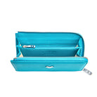 Interior view of Mario Valentino Turquoise calfskin wallet featuring twelve cardholder slots, two banknote compartments and two inner pockets. Made in Italy.