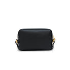 Black leather crossbody bag back view with minimalist design and compact silhouette Made in Italy