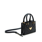 Black quilted leather mini crossbody bag with gold-tone logo and hardware, adjustable strap.