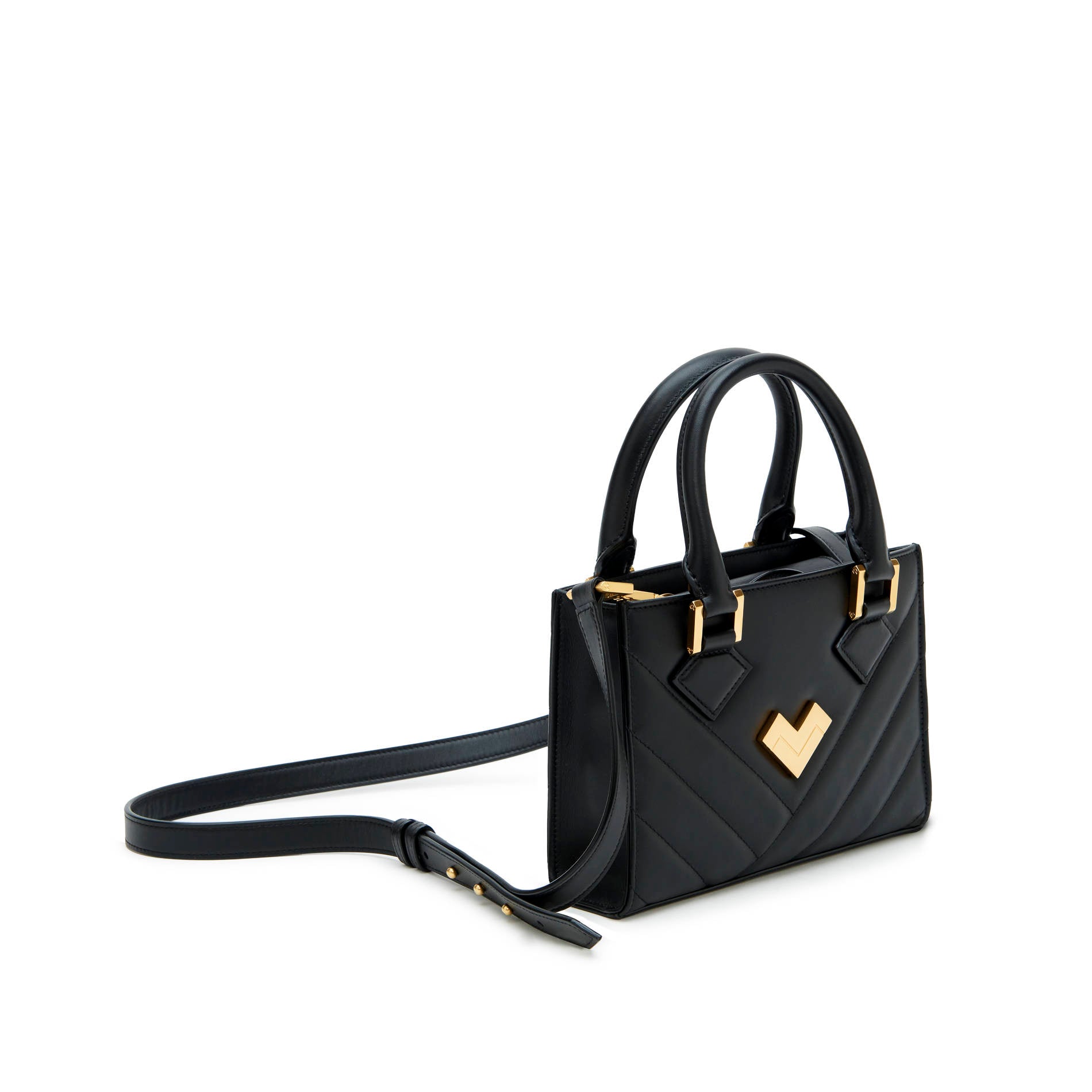 Black quilted leather mini crossbody bag with gold-tone logo and hardware, adjustable strap.