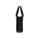Black quilted leather handbag side view with adjustable strap and gold-tone hardware. Made in Italy
