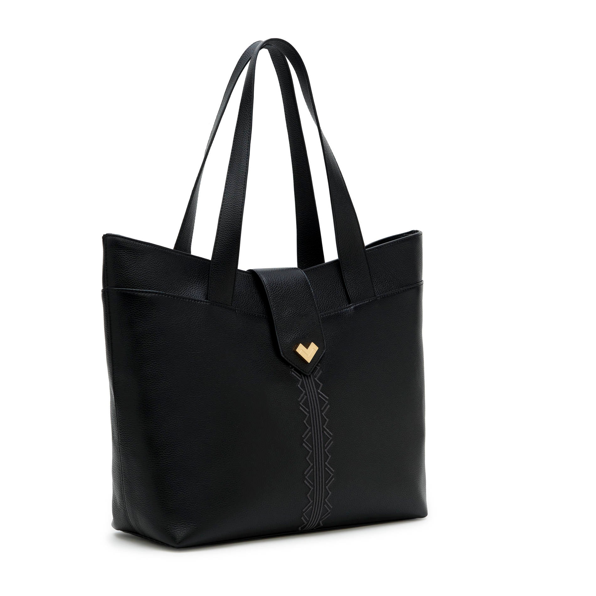 Black leather tote bag with gold logo and tonal embroidery detail, spacious everyday Mario Valentino shoulder bag Made in Italy