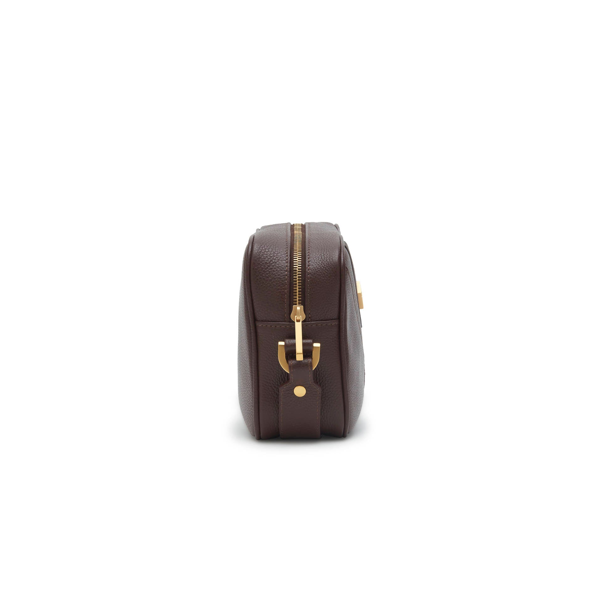 Side profile moka leather crossbody bag with structured shape and elegant design.