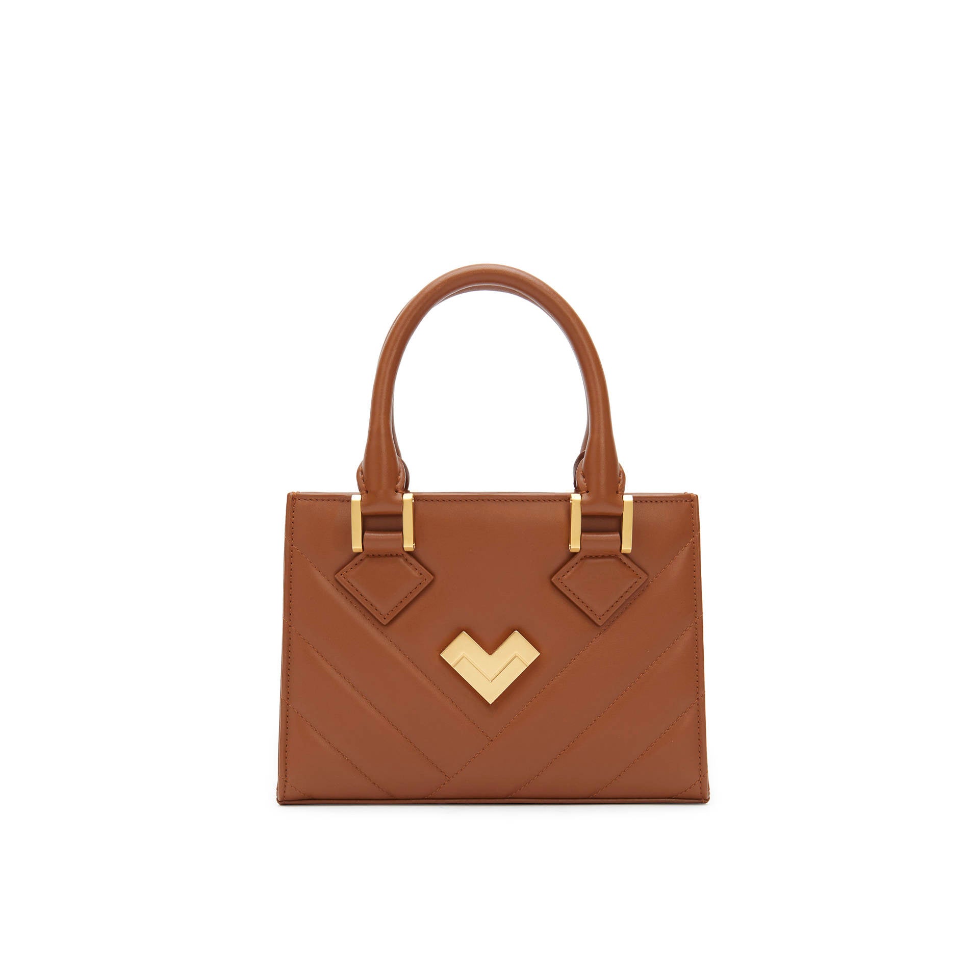 Brown leather crossbody bag with gold logo and adjustable strap, compact designer handbag for everyday use Made in Italy