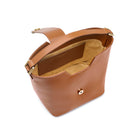 Interior detail of Mario Valentino tan calf leather bucket bag with logoed nylon lining and inner pocket. Made in Italy.