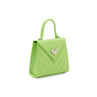 Green quilted leather handbag with silver-tone logo and flap closure. Made in Italy
