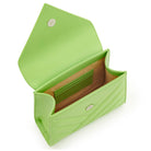 Green leather handbag interior with card slots and lining. Made in Italy