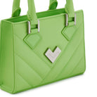 Green leather handbag detail with silver logo and quilted stitching. Made in Italy
