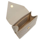 Grey leather mini handbag interior in taupe tone with card slots and lining. Made in Italy