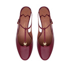 Mario Valentino burgundy kidskin leather block heel shoes with T-bar and round toe.