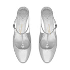 Mario Valentino silver kidskin leather block heel shoes with T-bar and round toe.