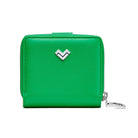 Mario Valentino green calfskin wallet with metal MV logo, zip-around closure and external coin pocket. Made in Italy.