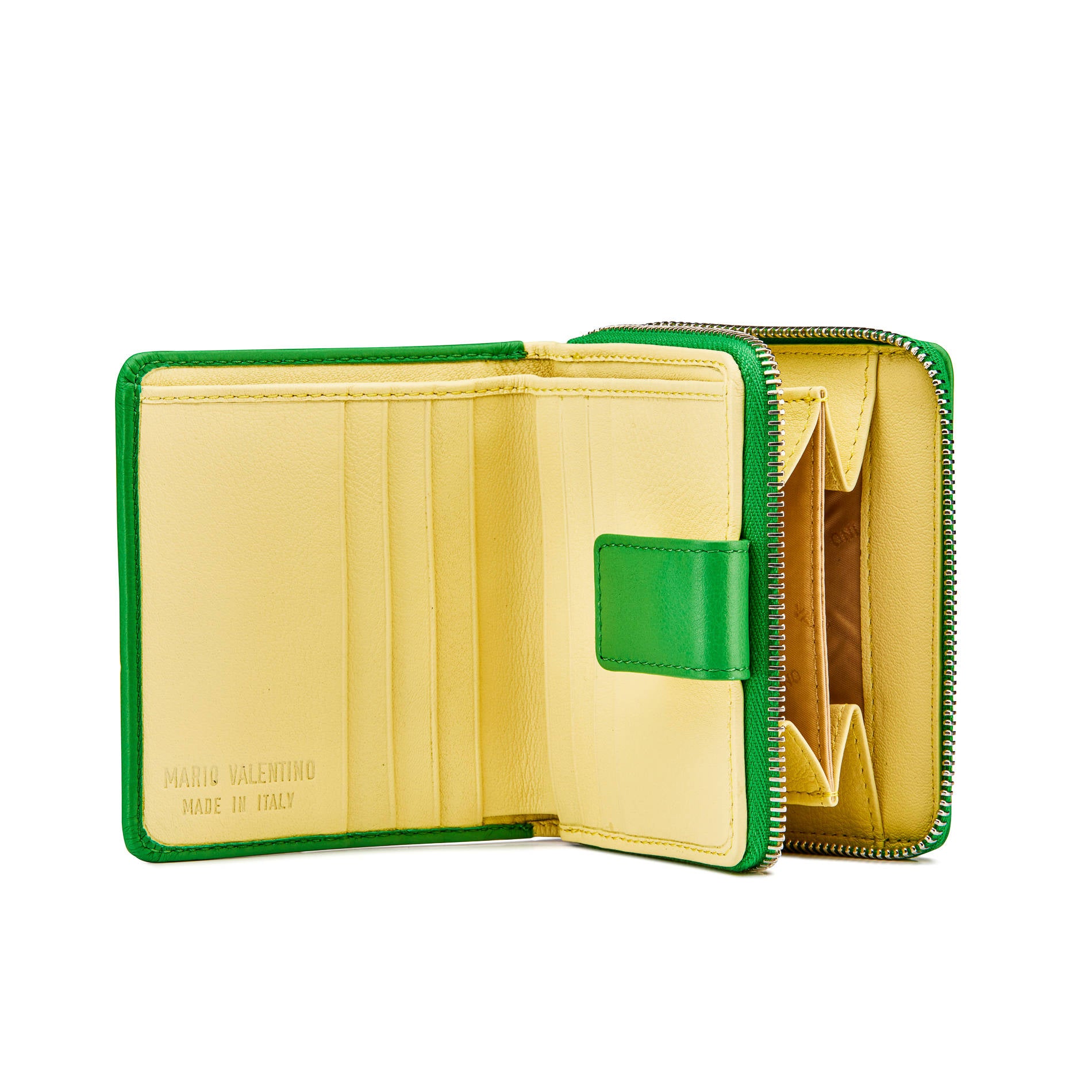 Interior of Mario Valentino green calfskin wallet with multicolor lining, six cardholder slots, banknote compartment and two inner pockets. Made in Italy.