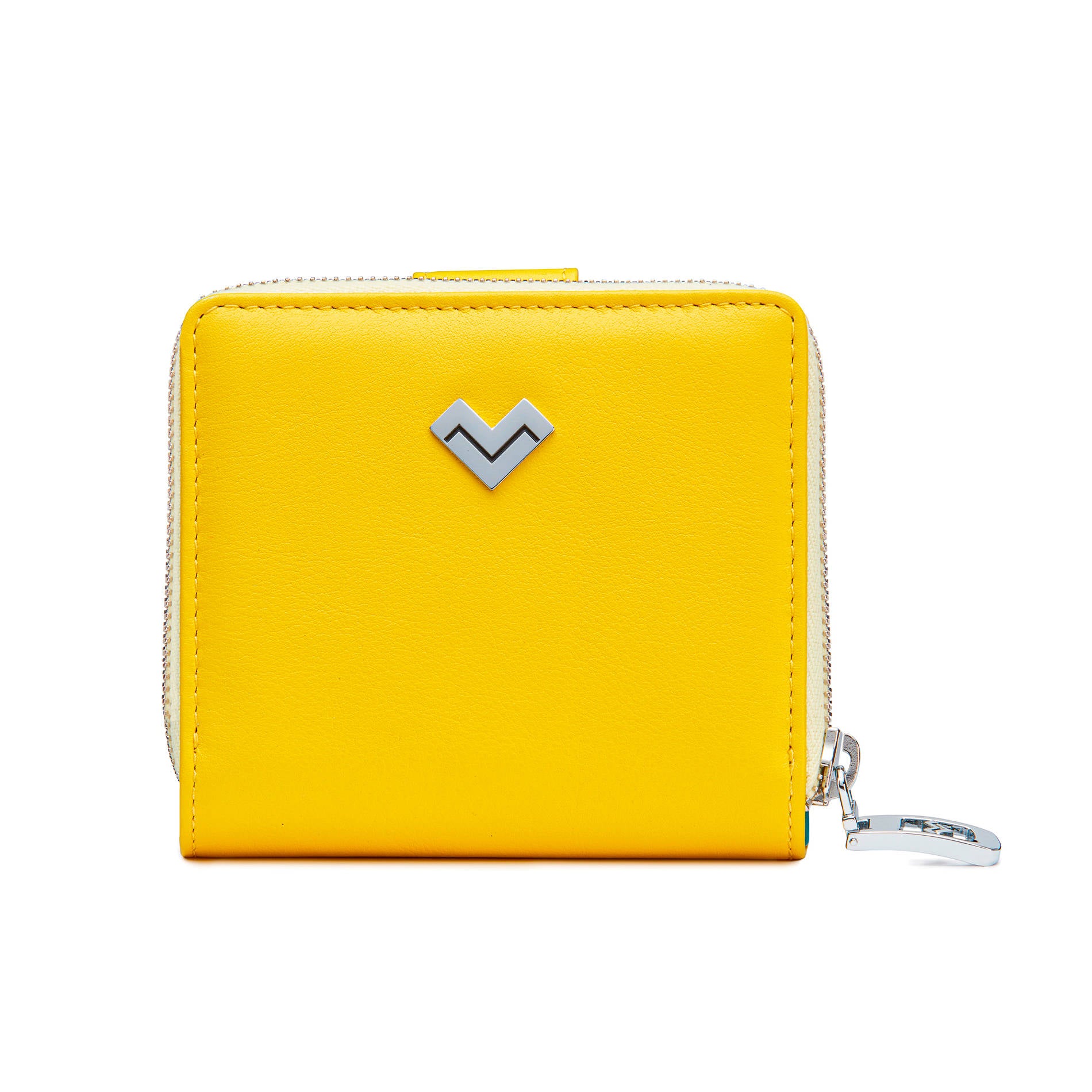 Mario Valentino yellow calfskin wallet with metal MV logo, zip-around closure and external coin pocket. Made in Italy.