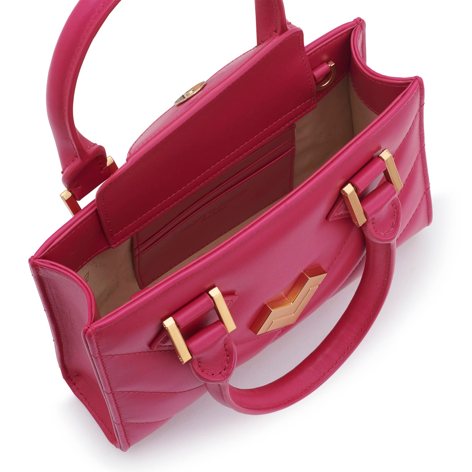 Interior of hot pink leather mini handbag with cardholder slots and lining, elegant and functional everyday bag Made in Italy