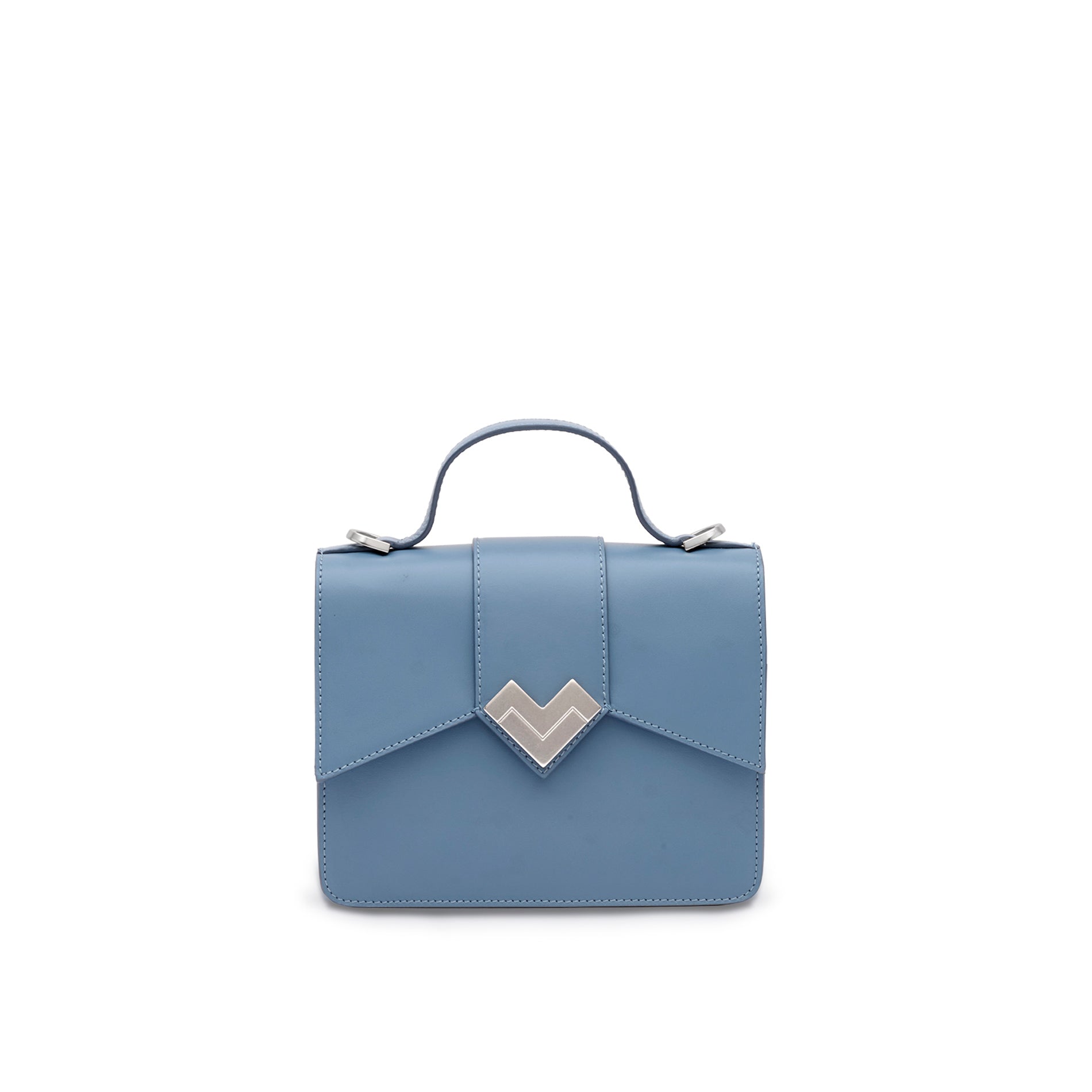 Front view of light blue leather mini top handle bag with silver MV logo and structured silhouette