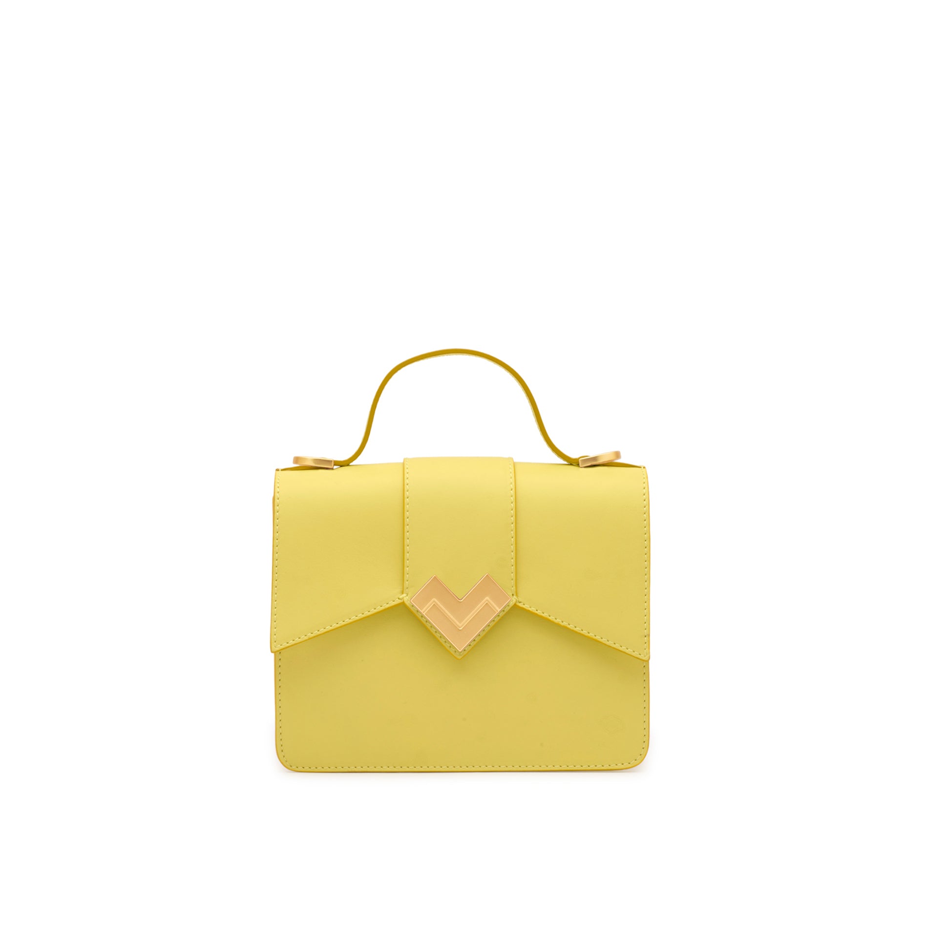 Front view of the Mario Valentino mini top handle bag in vibrant yellow calf leather, featuring a structured silhouette, a contoured flap, and the signature gold-tone MV monogram.